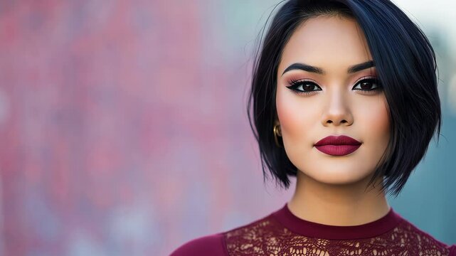 Elegant Portrait of Asian Descent Transgender Woman with Short Hair and Bold Makeup