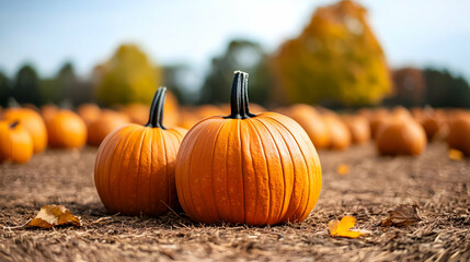 Two Bright Orange Pumpkins In A Field During Autumn Season With Blurred Background And Natural Light