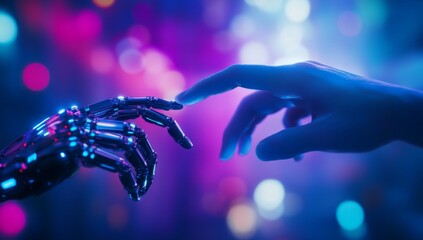 Human hand and robotic hand almost touching.