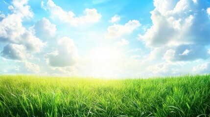 Obraz premium Sunny day, vibrant green grass field under a bright blue sky with fluffy white clouds.