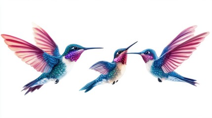Obraz premium Colorful Hummingbirds in Flight with Vibrant Feathers Against White Background