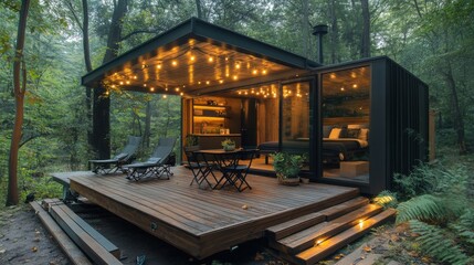 Modern Dark Cabin in Lush Forest at Night with Warm Lighting