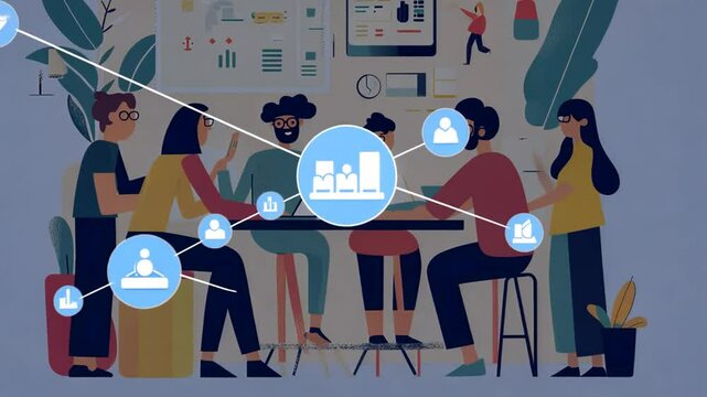 Animated team collaboration illustration demonstrating teamwork and data analysis