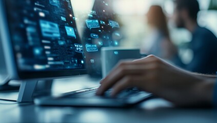 Person using computer with digital interface.