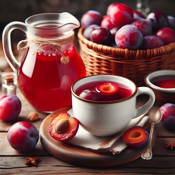 Mug and jug with bright red plum compote. On wooden table. Homemade drinks, stewed fruit