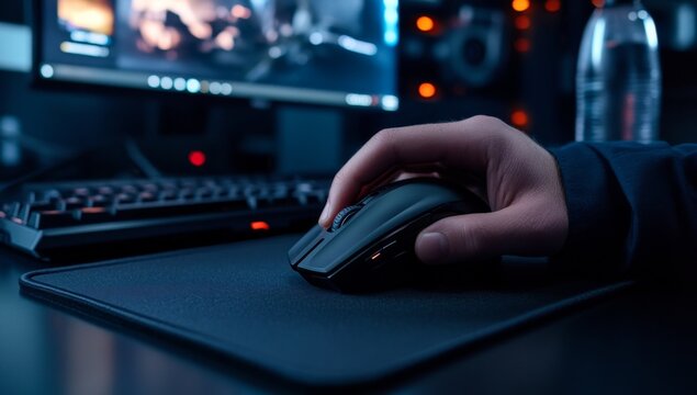 Gamer's hand using mouse on dark desk. - Powered by Adobe