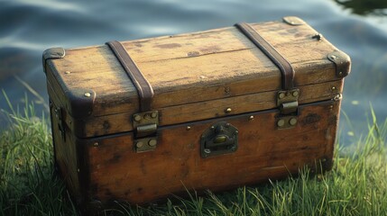 Vintage wooden chest by lake, sunlit grass
