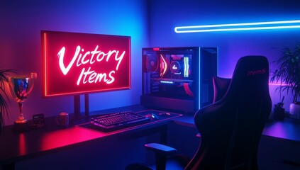 Neon-lit gaming setup with victory sign.