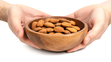 Fresh Mamra almonds in a wooden bowl, presented in hands