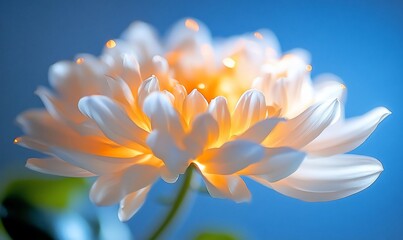 Glowing White Chrysanthemum close up on studio blue for abstract background use