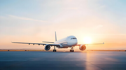 Obraz premium Airplane On Runway At Sunset Illuminated By Golden Sunlight Horizontal Perspective