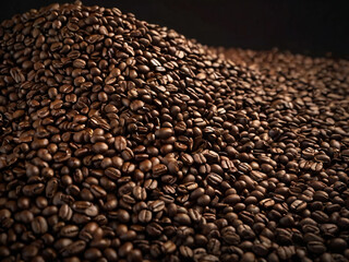 A steaming cup of coffee surrounded by scattered coffee beans.