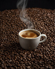 Fototapeta premium A steaming cup of coffee surrounded by scattered coffee beans.