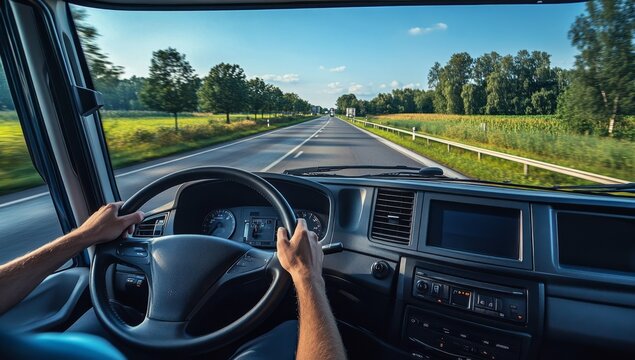 Driver's perspective on a sunny highway road trip.
