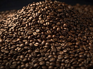 Fototapeta premium A steaming cup of coffee surrounded by scattered coffee beans.