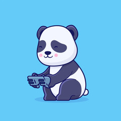 Cute cartoon of happy panda holding joystick. Vector illustration of baby panda gamer.