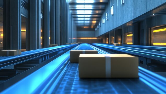 Packages moving on a conveyor belt in a warehouse.