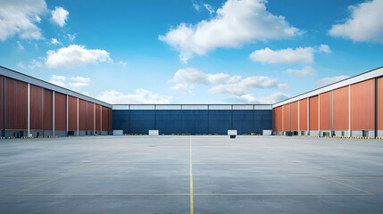 Fototapeta premium Modern Industrial Warehouse Exterior With Concrete Loading Area Under Blue Sky With White Clouds