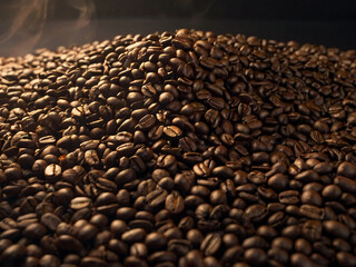A steaming cup of coffee surrounded by scattered coffee beans.