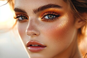 Fototapeta premium Golden Sunset Makeup Look on Freckled Woman with Blue Eyes