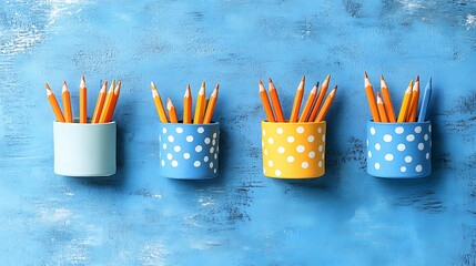 Four polka-dotted pencil holders with colored pencils on blue background.