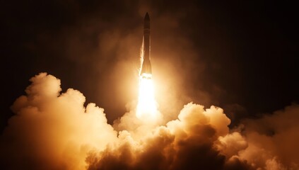 Rocket launching at night, bright flames and smoke. (1)