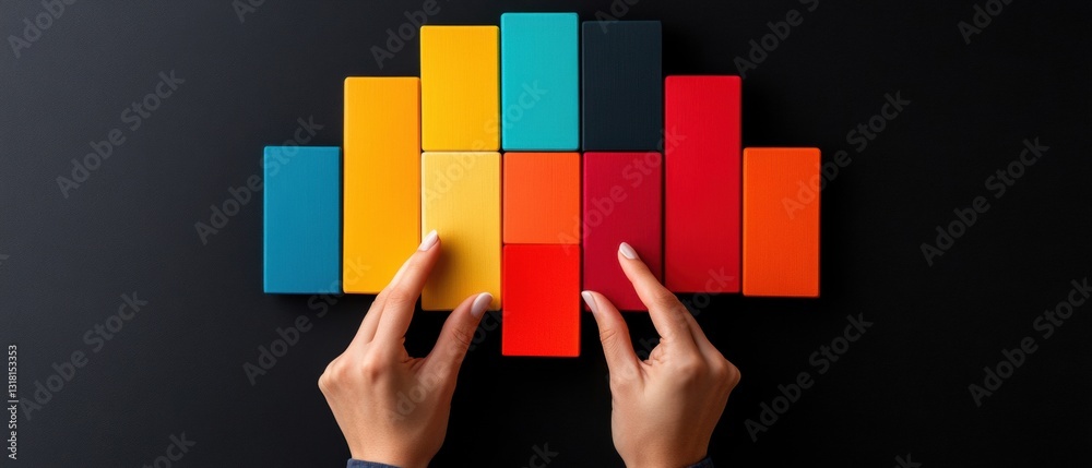 Aufkleber Mindful Productivity Visualized Gen Z Color Block Strategy with Hands Arranging Dynamic Domino Patterns for Mental Wellness and Professional Resilience