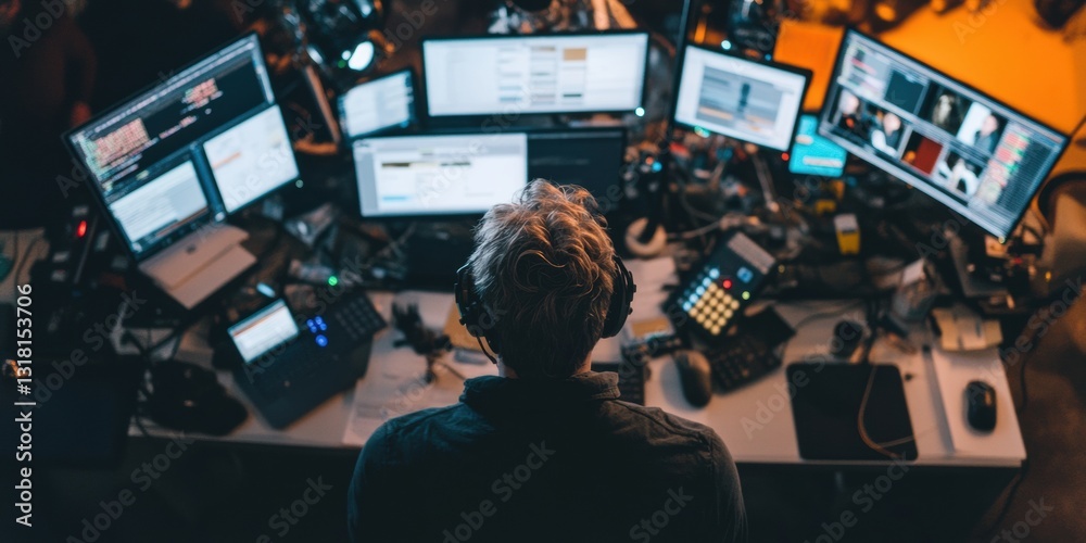Poster Hyper-Connected Financial Intelligence Multi-Monitor Trading Workspace Showcasing AI-Driven Market Analysis and Real-Time Digital Performance Strategies