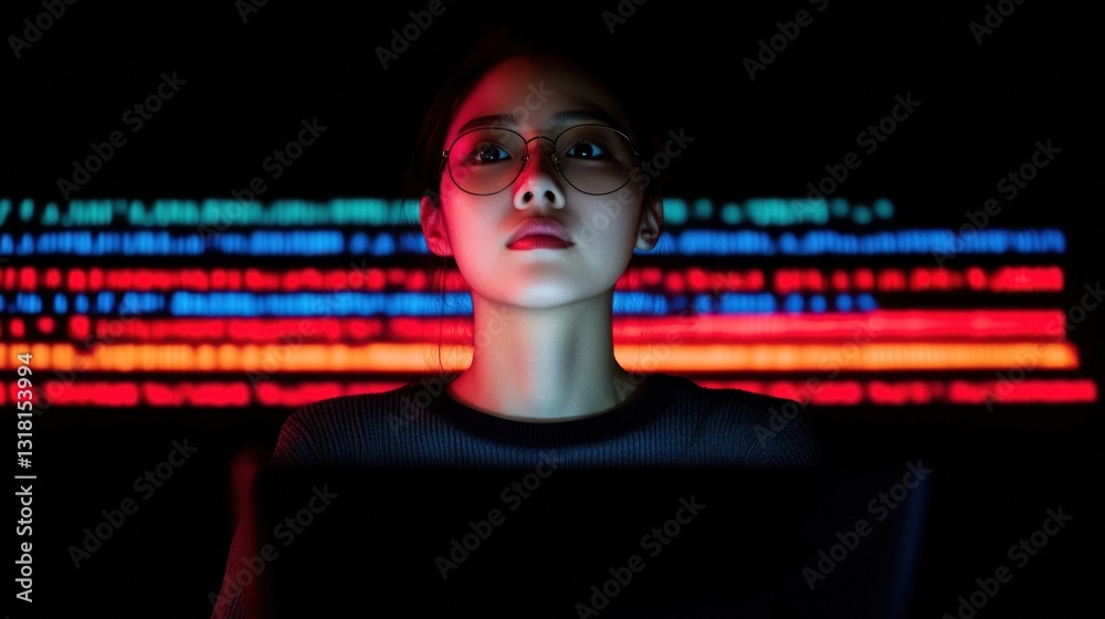 Poster Cybernetic Focus Gen Z Tech Professional Exploring Digital Frontiers with Neon-Coded Aesthetic - Immersive Creativity and Futuristic Innovation Visualization