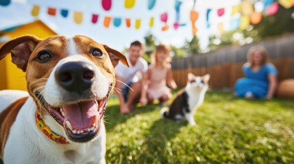 Inclusive Multi-Generational Pet Wellness Vibrant Family Celebration with Rescue Companions, Embracing Emotional Support and Intergenerational Connection
