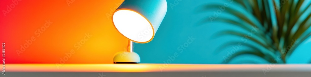 Poster retro workspace aesthetic minimalist desk lamp against vibrant gradient backdrop - nostalgic product