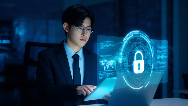 Cybersecurity analyst in suit using tablet with digital lock interface for network protection and data privacy.