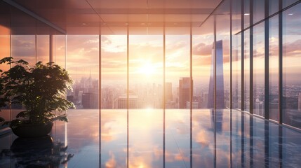 Fototapeta premium Sunset view from modern office with cityscape reflection on polished floor.