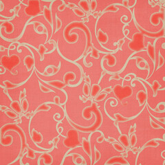 Romantic coral damask pattern with soft heart and floral swirls, elegant seamless love background for Valentine’s Day cards, wedding invitations, fabric, wallpaper and gift wrap designs.