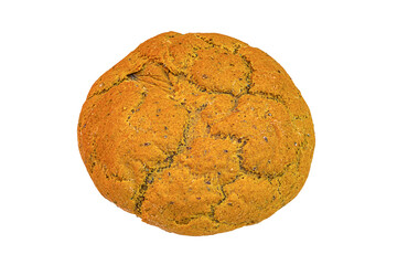 Whole round loaf of bread baked from rye and wheat flour yellow, orange isolated on a white,...