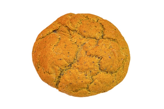 Whole round loaf of bread baked from rye and wheat flour yellow, orange isolated on a white, transparent background POV view. The concept of homemade baking according to old recipes