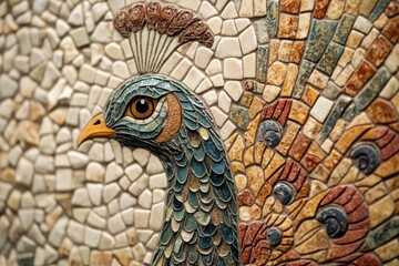 Fototapeta premium A detailed mosaic artwork depicting a peacock's head and feathers, crafted from colorful stone tiles.