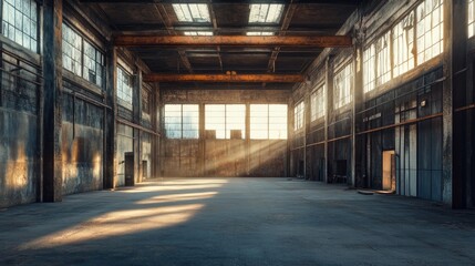 Sunlight streams through windows in an industrial factory building