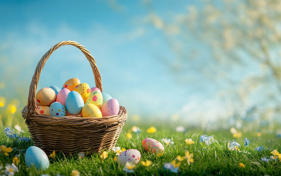 Easter background with a basket full of colorful eggs on green grass
