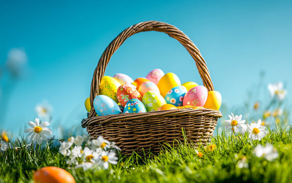 Easter background with a basket full of colorful eggs on green grass