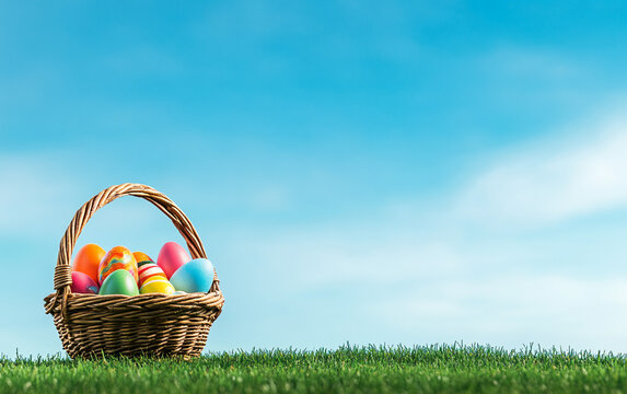Easter background with a basket full of colorful eggs on green grass