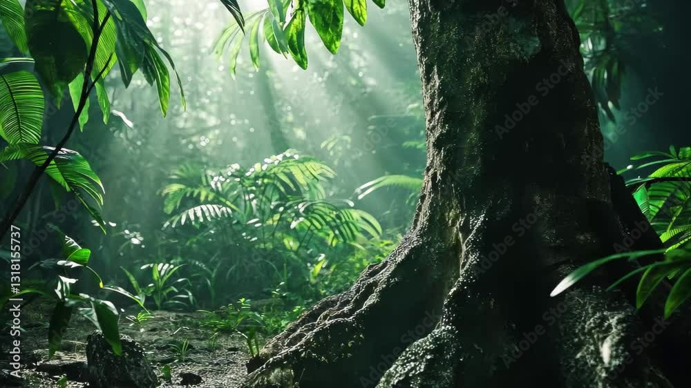 Poster Exploring lush jungle roots under soft light in a tropical rainforest, Beautiful steady cam on jungle tree root to tall tree steady cam