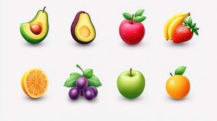 Naklejka premium Colorful fruit collection apples, avocados, bananas, oranges, grapes, strawberries. Website or cookbook illustration