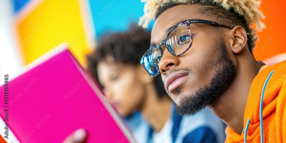Aufkleber Vibrant Gen Z Learning Hub Diverse Young Professionals Collaborating in High-Energy Creative Study Space with Trendsetting Digital Workflow and Inclusive Academic Innovation