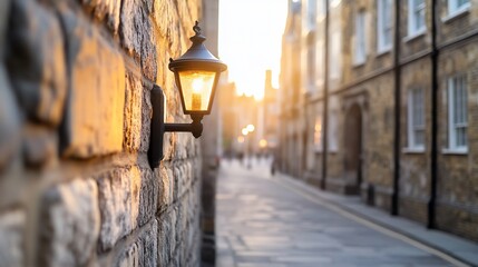 Sunset street lamp, cobblestone lane, city