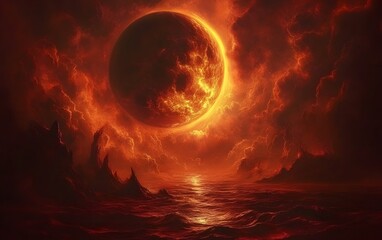 33. A dark, volcanic planet with erupting geysers of molten rock and a blood-red sky filled with swirling clouds