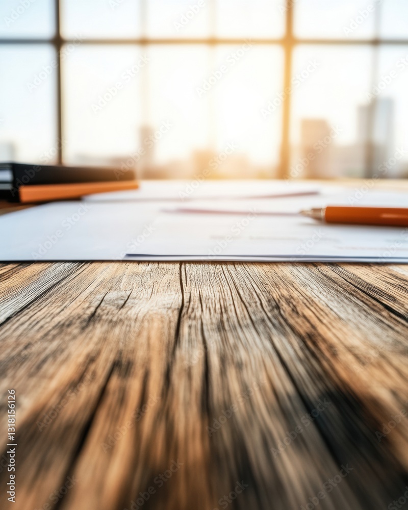Aufkleber Modern Workspace Minimalism Sunlit Professional Environment with Textured Wood Surface and Strategic Document Collaboration Insights
