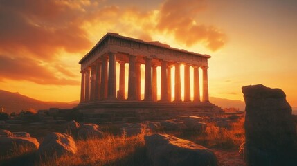 Obraz premium A classical temple bathed in golden light from the sunset