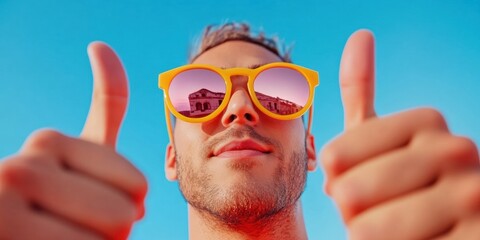 Vibrant Millennial Travel Enthusiasm Dynamic Urban Explorer Celebrating Wanderlust with Bold Retro Sunglasses and Energetic Double Thumbs-Up Against Vivid Sky