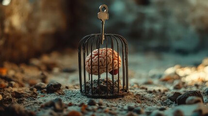 Brain in a Cage with Key Symbolizing Entrapment and Freedom